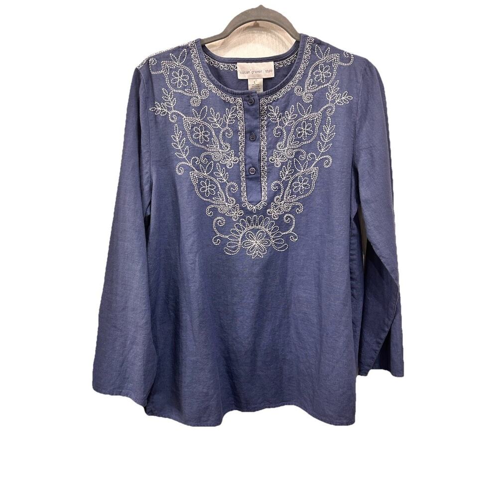 Susan Graver Women's Large Blue Linen Blend Embroidered Tunic Top Boho Coastal